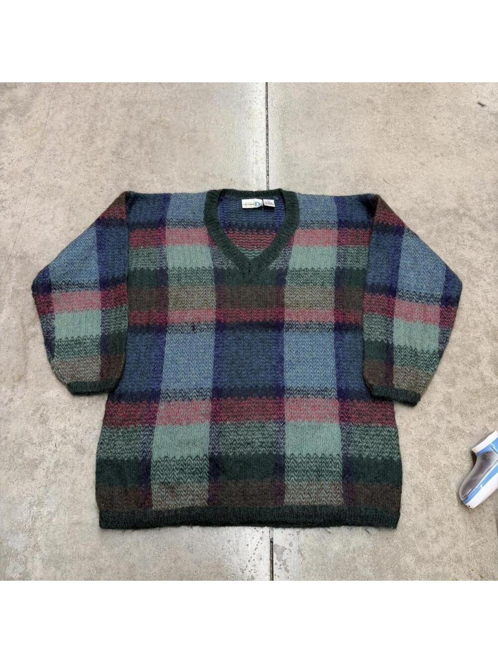 vintage paul harris design green navy and red mohair knit sweater size large